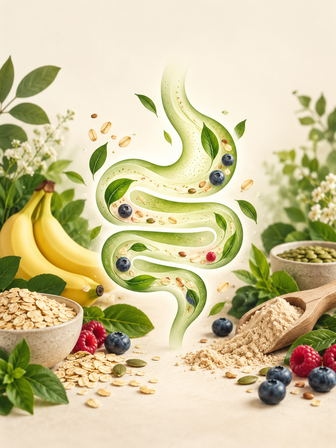 Plant-based foods surrounding an artistic healthy digestive system
